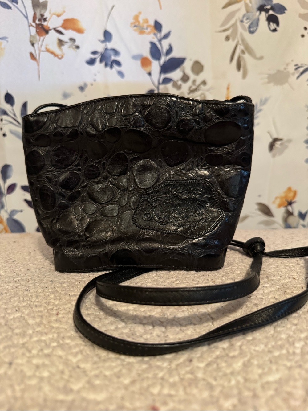 Carlos Falchi Black Croc-Embossed Crossbody Bag